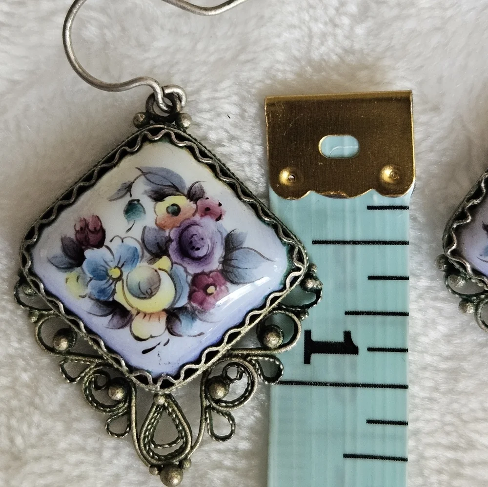 Porcelain and Silver Handpainted Floral Earrings